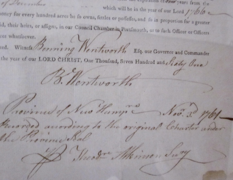 Newfane Charter close up showing Wentworth's signature